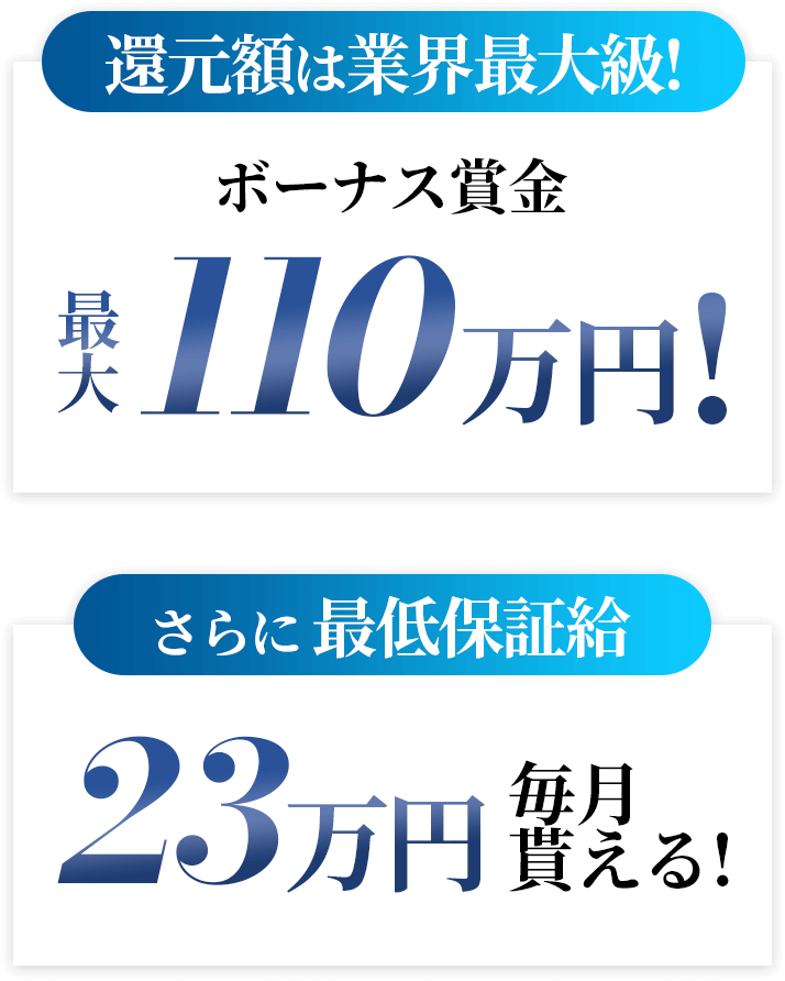 還元額は業界最大級!ボーナス賞金最大110万円、さらに最低保証給23万円毎月もらえる