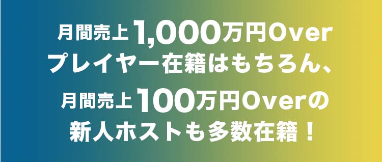 月間売上1,000万円Overプレイヤー在籍はもちろん、月間売上100万円Overの新人ホストも多数在籍!